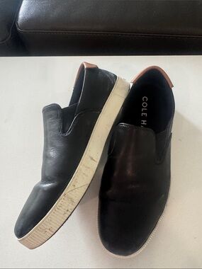 Cole Haan Black Leather Slip-On Sneakers with Brown Heel Tab